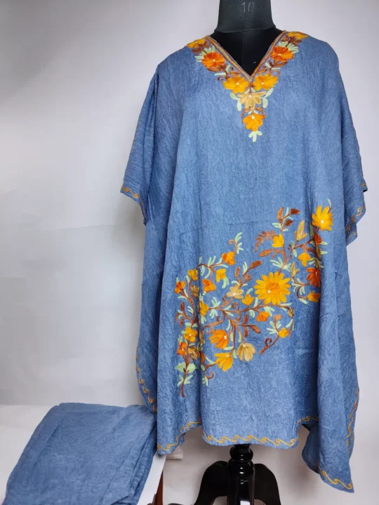 Kashmiri Crush Cotton Kaftan Set in Blue with Hiban Aari Embroidery