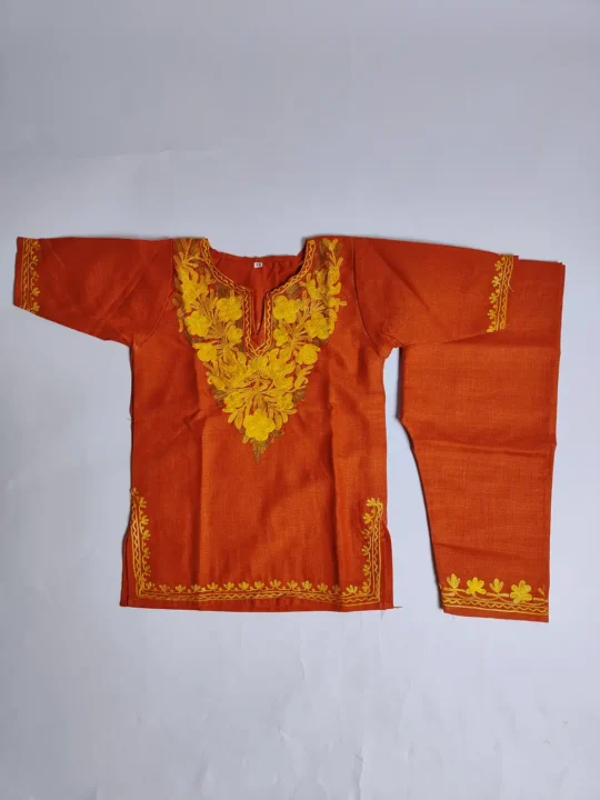 Rustic Orange Kids Kurta Set in Cotton with Aari Embroidery for 1-2 years old