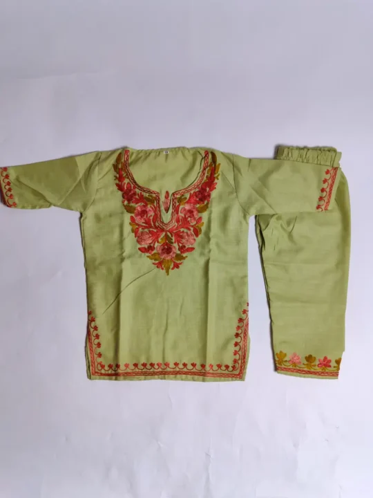 Green Kurta Set for Kids in Cotton with Aari Embroidery fir 12-18 months