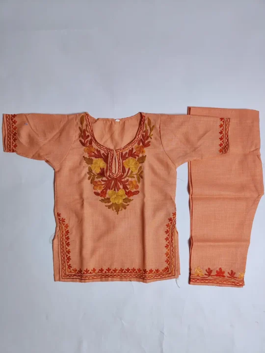 Peach Kashmiri Kurta Set for Kids in Cotton with Aari Embroidery
