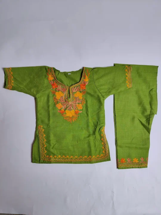 Kashmiri Kurta Set in Green for Girls in Cotton with Aari Embroidery