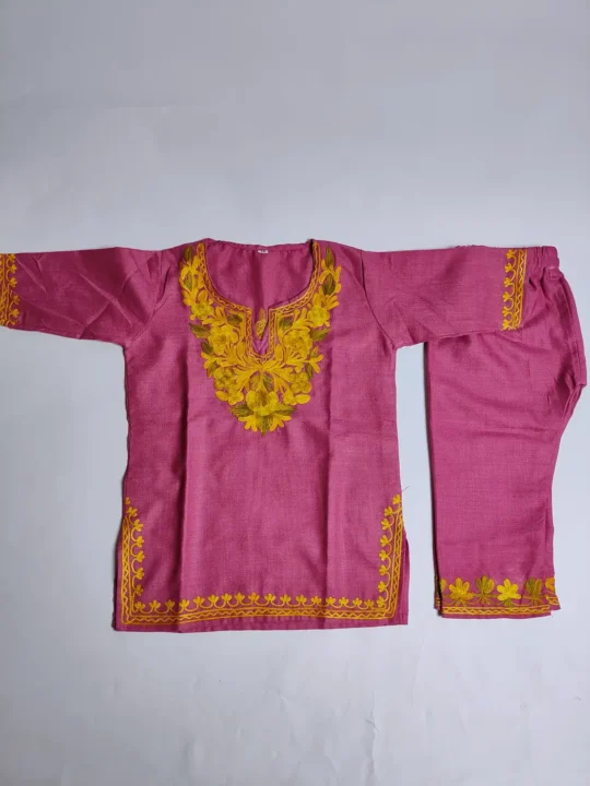 Magenta Kashmiri Kurta Set for Girls Inayah in Cotton with Aari Embroidery (12-18 months)