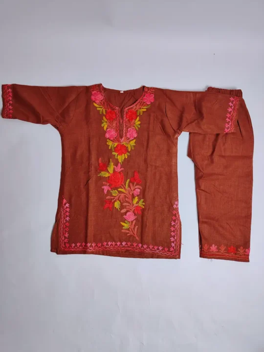 Kashmiri Kurta Set for Girls in Rustic Orange Cotton with Aari Embroidery for 2-3 years