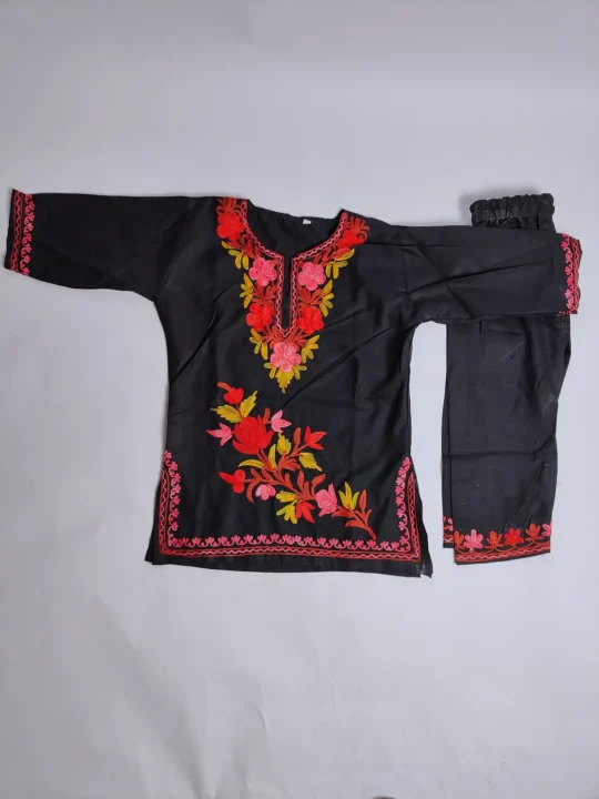 Black Kashmiri Kids Kurta Set in Cotton with Zarmeen Aari Embroidery