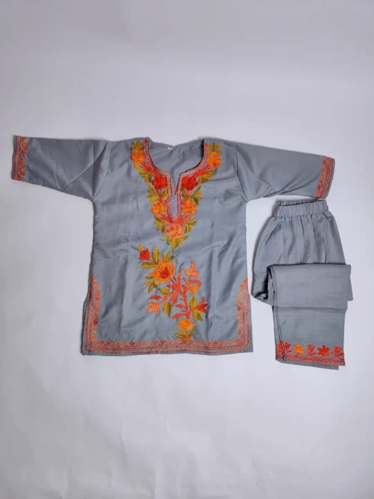 Kashmiri Kids Kurta Set in Grey Cotton with Aari Embroidery