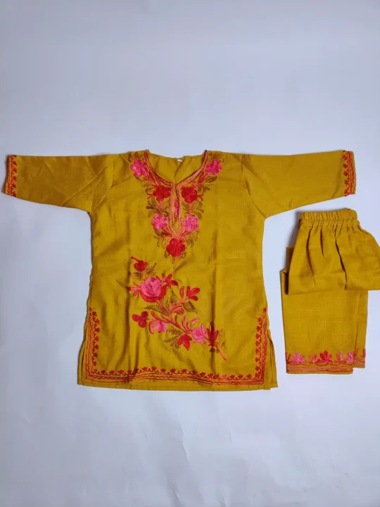 Kashmiri Girls Kurta Set in Green Cotton with Aari Embroidery