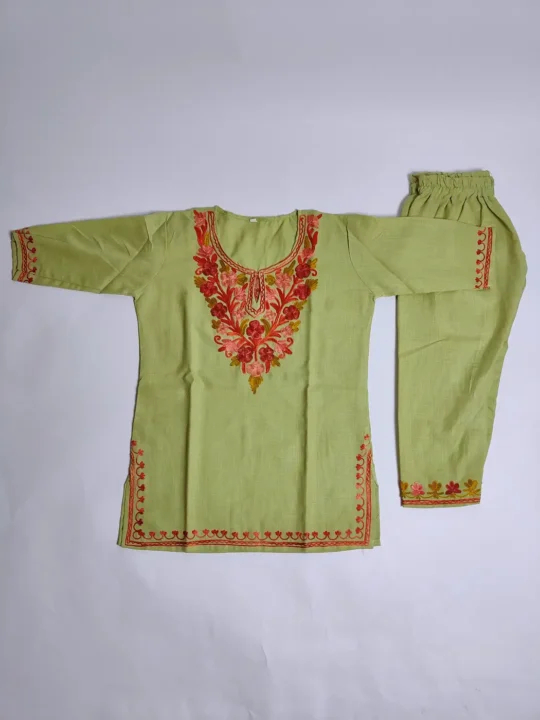 Shaistah Kashmiri Girls Kurta Set in Sage Green Cotton with Aari Embroidery (2-3 years)