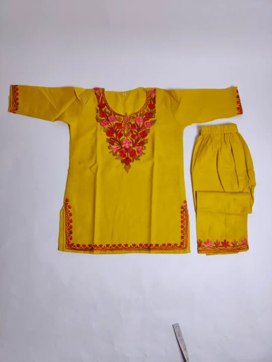 Yellow Kashmiri Girls Kurta Set Cotton with Aari Embroidery