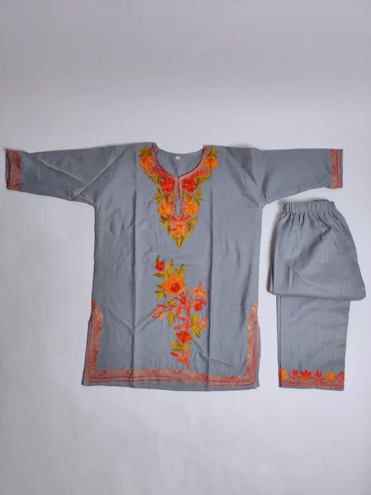 Kashmiri Girls Kurta Set in Grey Cotton with Aari Embroidery