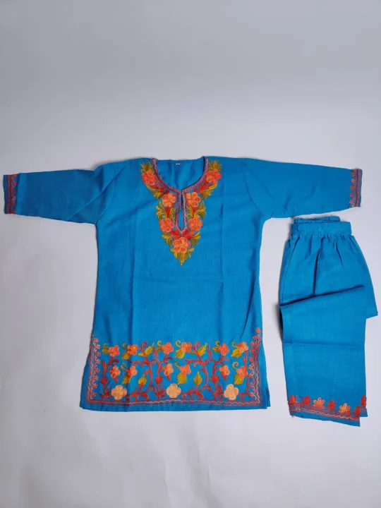 Kashmiri Blue Kurta Set for Girls Cotton with Aari Embroidery