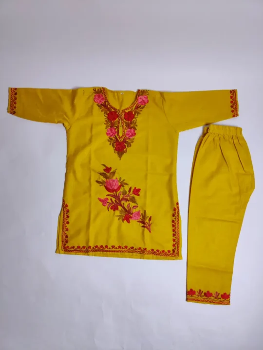 Mustard Kashmiri Kurta Set for Girls Cotton with Aari Embroidery