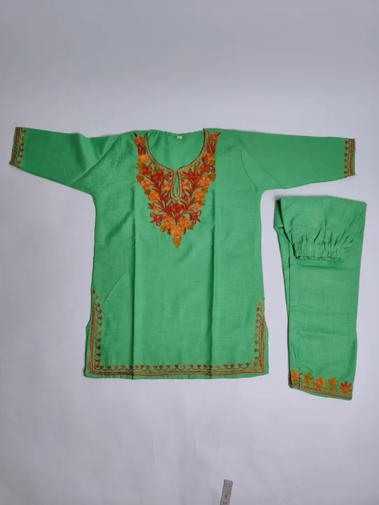 Kashmiri Kurta Set for Girls in Pine Green Cotton with Aari Embroidery