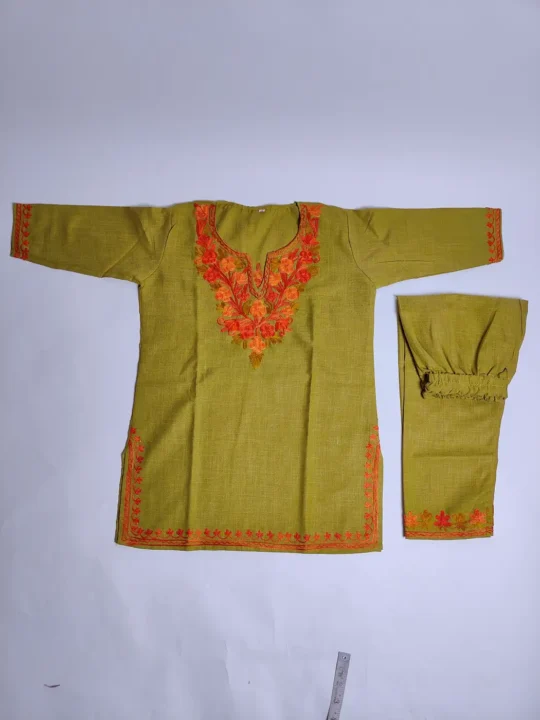 Kashmiri Kurta Set for Girls in Mehndi Green Cotton with Aari Embroidery Noor (3-4  years)