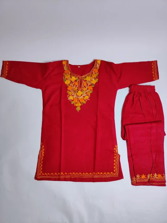 Red Kashmiri Kurta Set for Girls in Cotton with Aari Embroidery