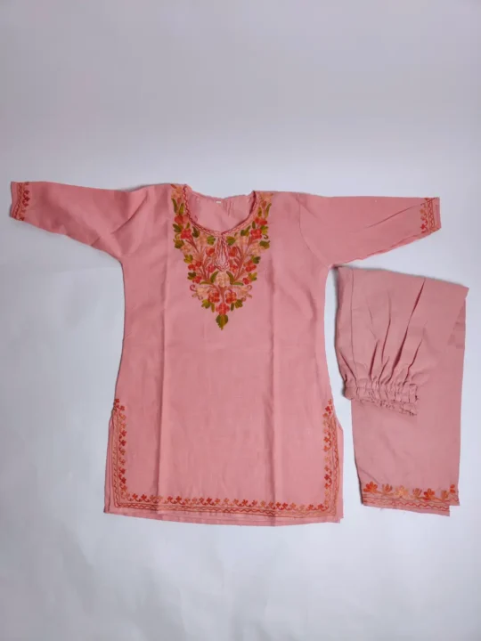 Pink Kashmiri Kurta Set for Girls in Cotton with Aari Embroidery