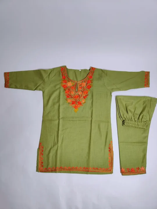 Firdaus Kashmiri Kurta Set for Girls in Green Cotton with Aari Embroidery (5-6 years)