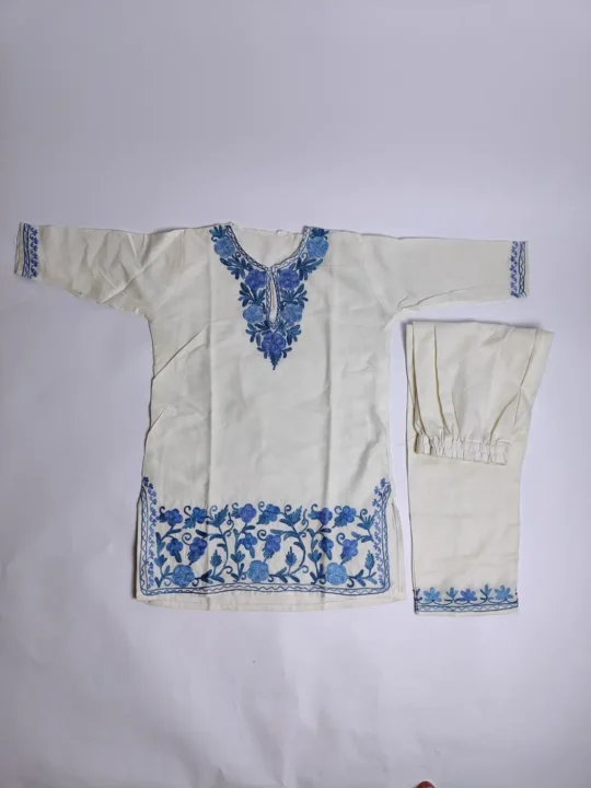 White Kashmiri Kurta Set for Girls in Cotton with border Aari Embroidery