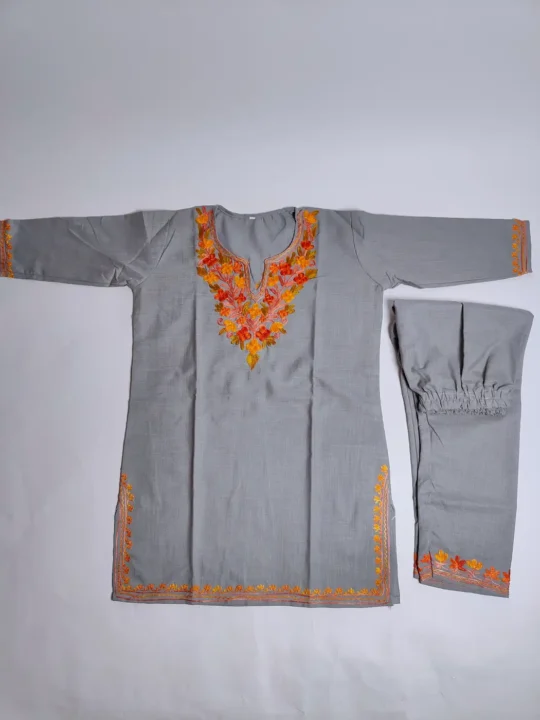 Grey Kashmiri Kurta Set for Kids in Cotton with Aari Work