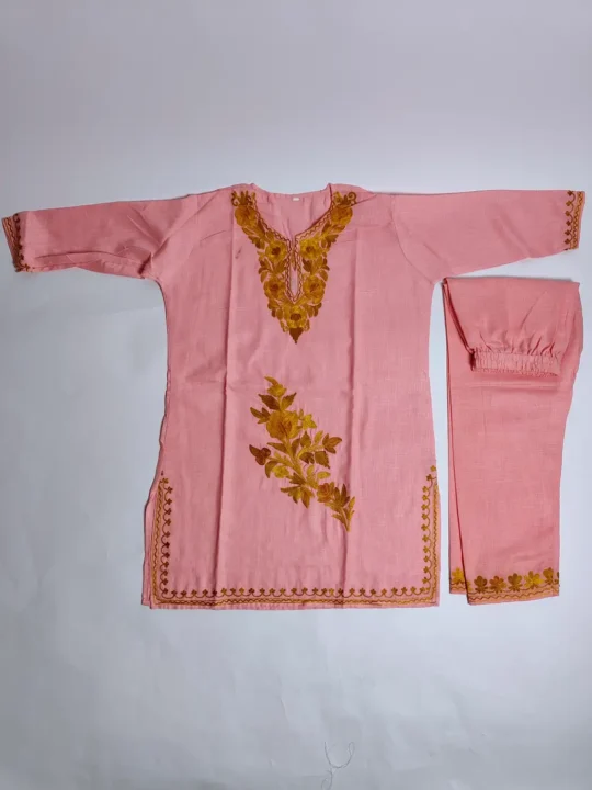 Pink Kashmiri Kurta Set for Kids in Cotton with Aari Work