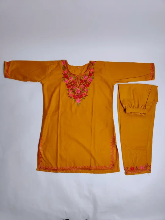 Mustard Kashmiri Kurta Set for Kids in Cotton with Aari Work