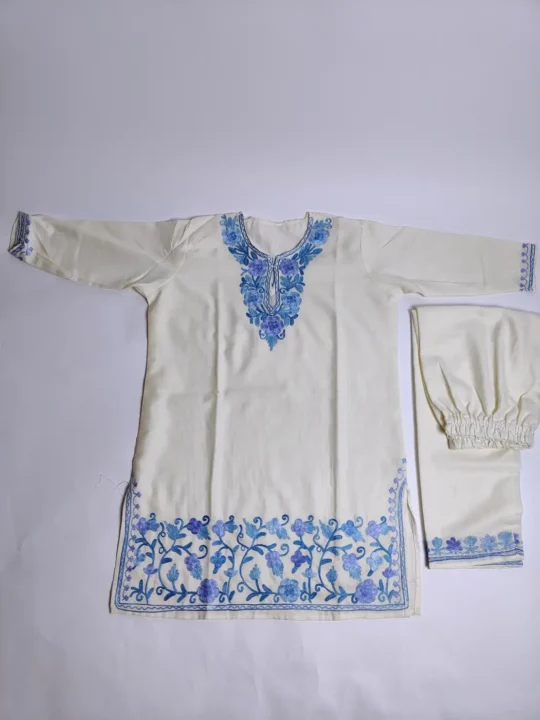 Kashmiri Kurta Set for Kids in White Cotton with Aari Work