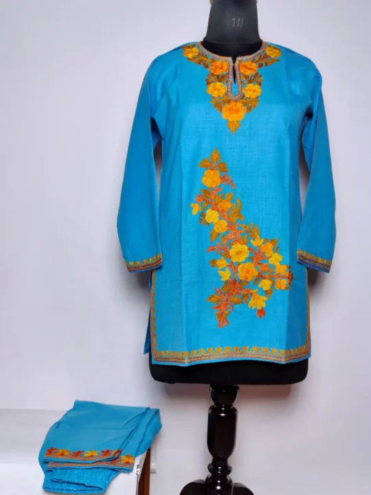 Oceanic Green Kashmiri Kurta Set for Kids in Cotton with Aari Work