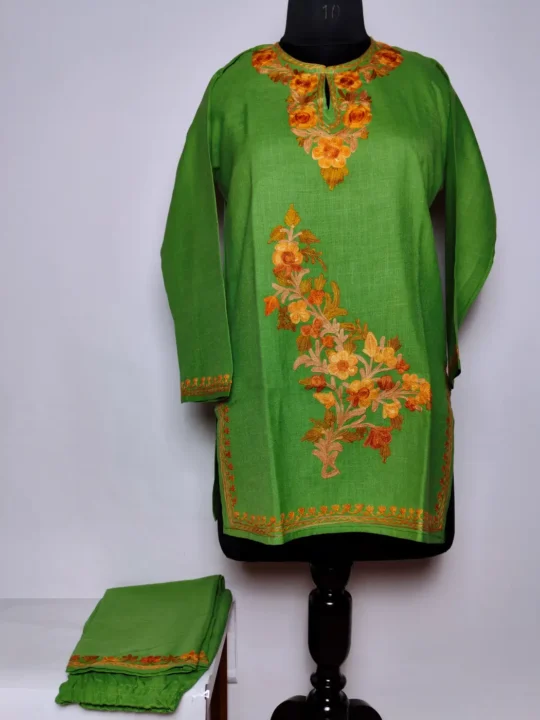 Fern Green Kashmiri Kurta Set for Kids in Cotton with Aari Work