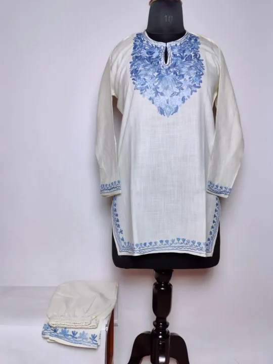 White Kashmiri Kurta Set for Kids in Cotton with Aari Work