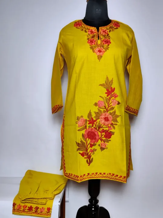 Kids Mustard Kashmiri Kurta Set in Cotton with Aari Embroidery