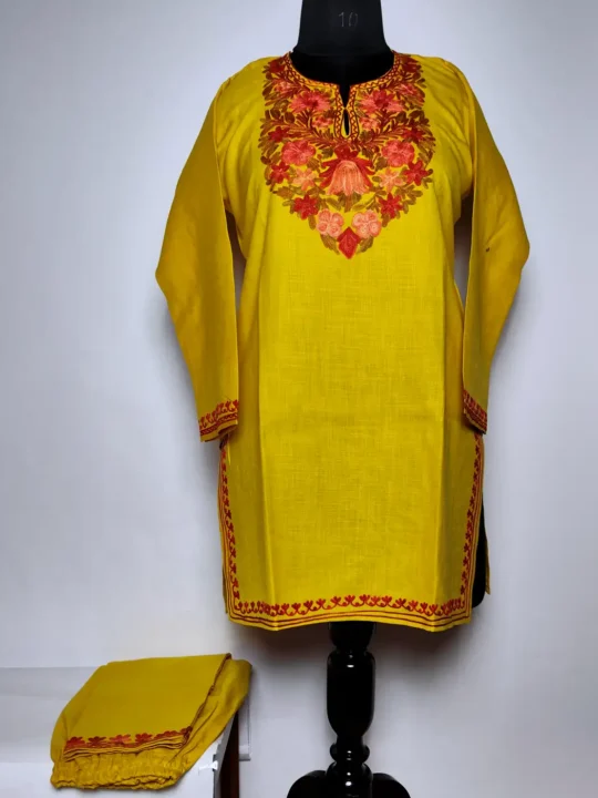 Kashmiri Kurta Set for Kids in Mustard Cotton with Aari Embroidery
