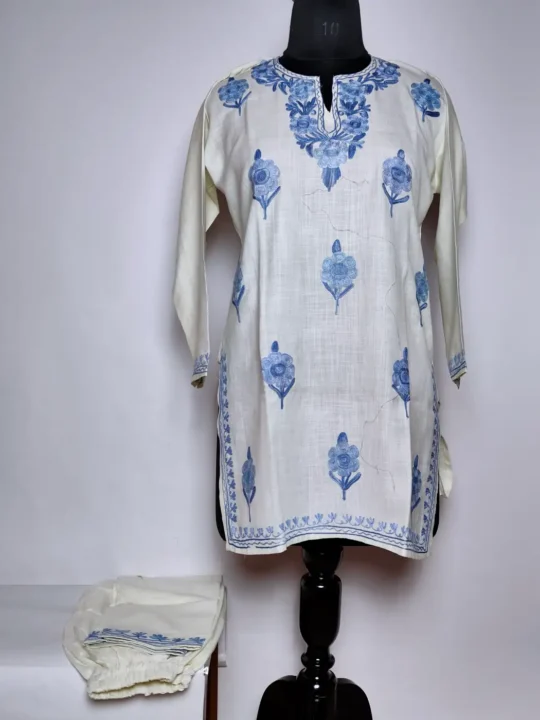 White Kashmiri Kurta Set for Girls in Cotton with Aari Embroidery