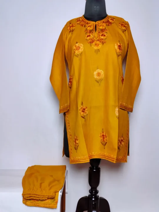 Mustard Kashmiri Kurta Set for Girls in Cotton with Aari Embroidery