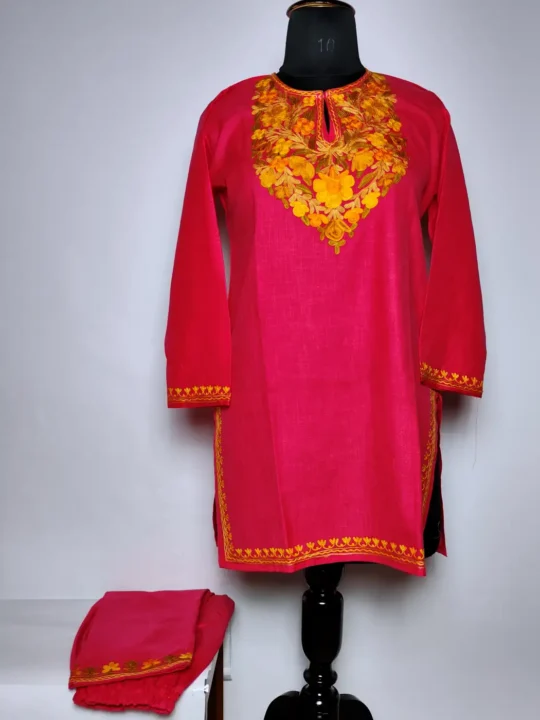Kashmiri Kurta Set for Girls in Red Cotton with Aari Embroidery