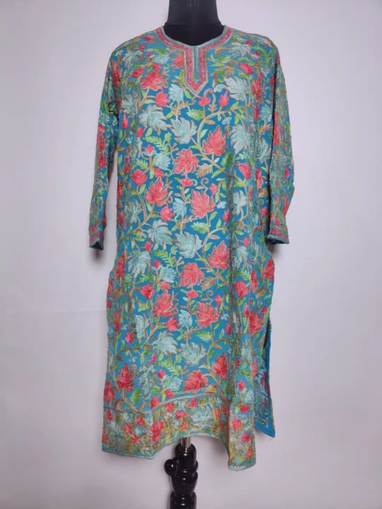 Kashmiri Aabroo Long Kurti in Blue Georgette with Chinari Aari Embroidery
