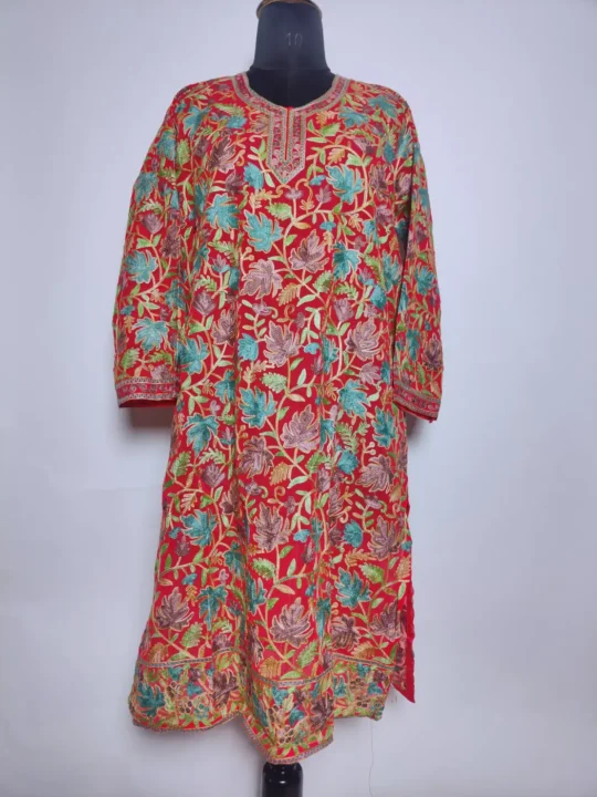 Shehr Red Kashmiri Long Kurti in Georgette with Chinari Aari Embroidery