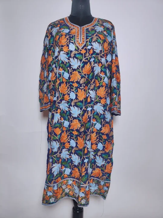 Dark Blue Nazish Kashmiri Long Kurti in Georgette with Chinari Aari Embroidery