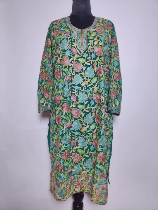 Hoorain Kashmiri Long Kurti in Green Georgette with Chinari Aari Embroidery