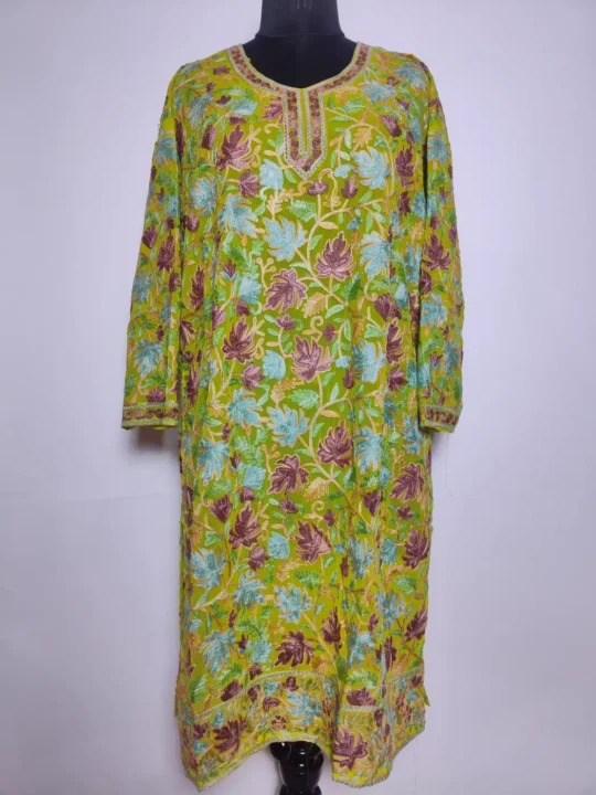 Kashmiri Long Kurti in Green Georgette Feroza with Chinari Aari Embroidery