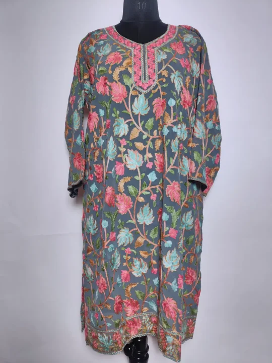 Grey Kashmiri Long Kurti in Georgette with Chinari Aari Embroidery