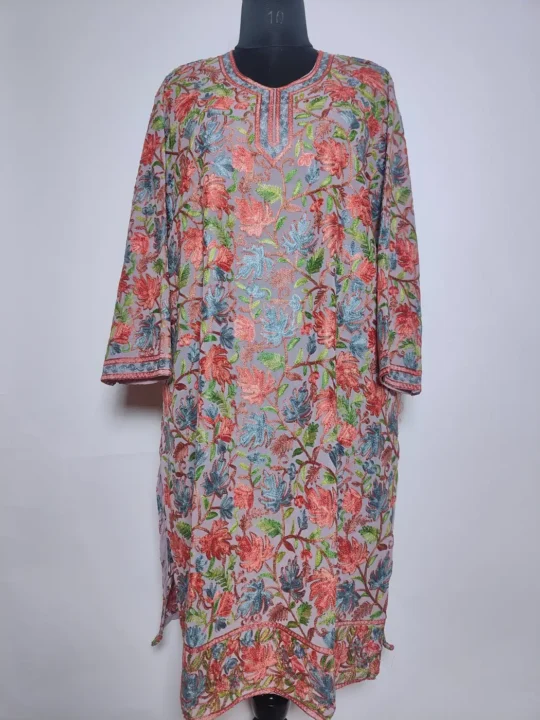 Nunchai Pink Kashmiri Long Kurti in Georgette with Chinari Aari Embroidery
