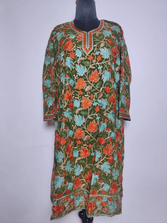 Foresh Green Gulafshan Kashmiri Long Kurti in Georgette with Chinari Aari Embroidery