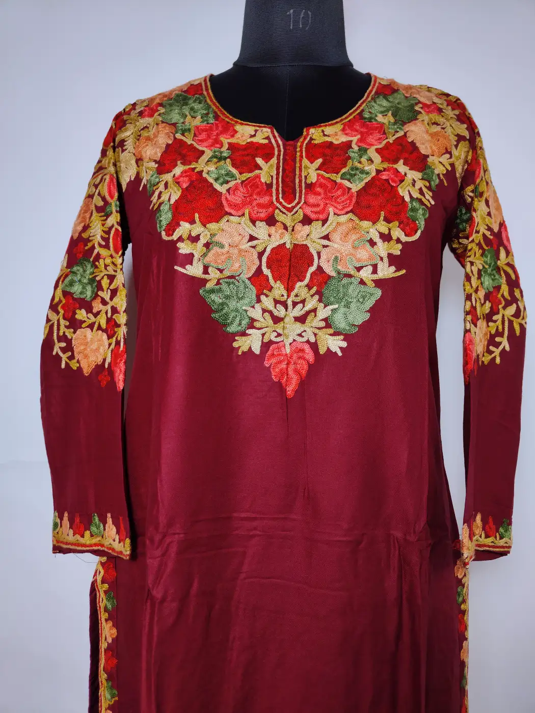 Afreen Maroon Kurti Set in Rayon Cotton with Front Back Aari Embroidery - Image 2