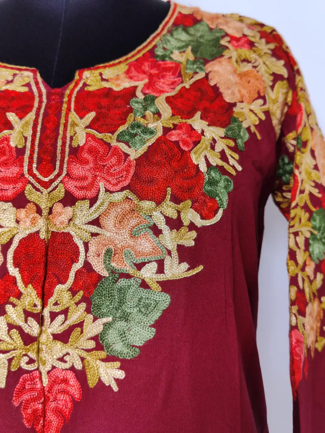 Afreen Maroon Kurti Set in Rayon Cotton with Front Back Aari Embroidery - Image 3