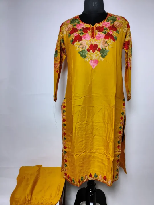 Noor Chinar Kurti Set in Rayon Mustard Cotton with Front Back Aari Embroidery