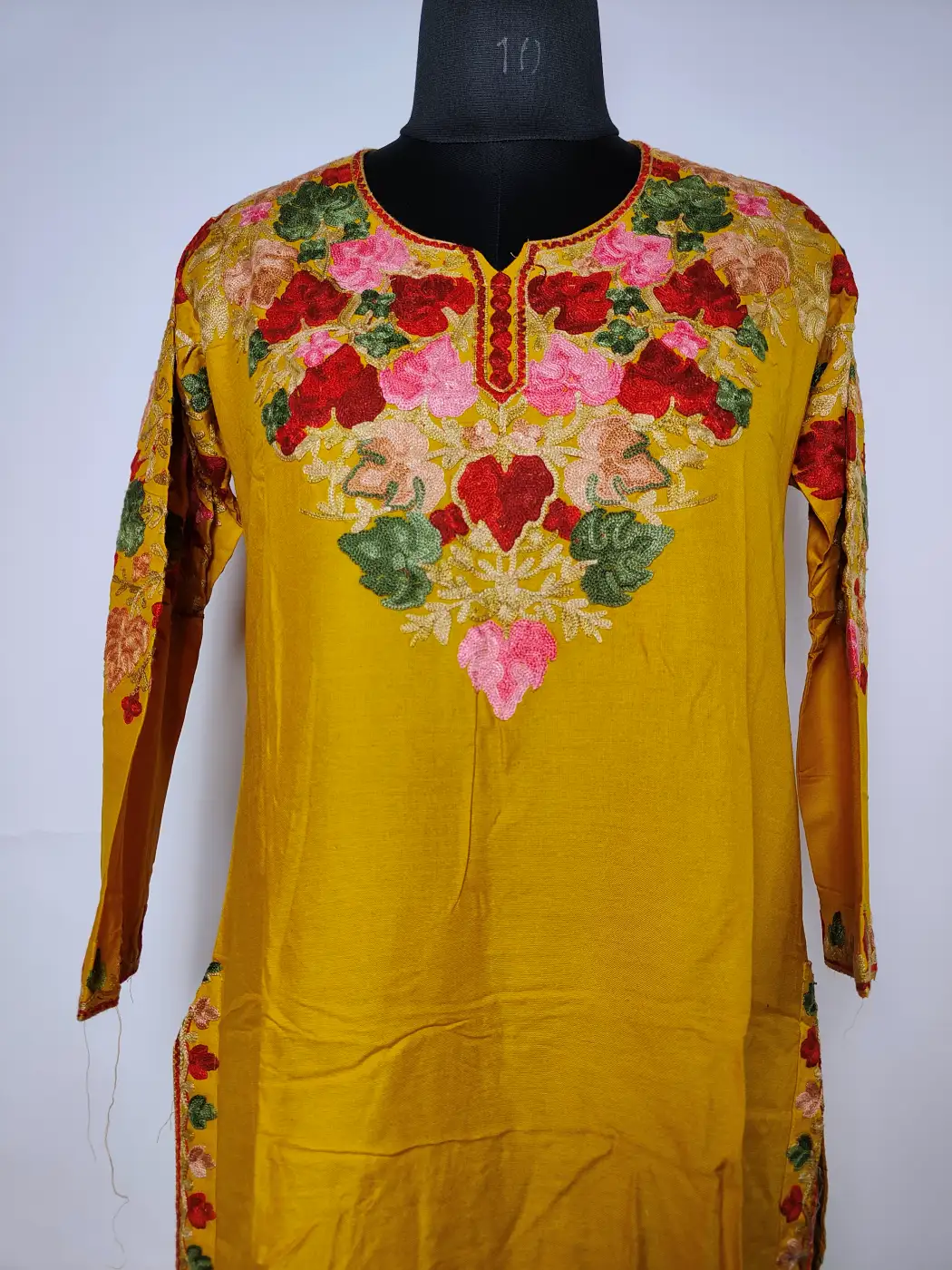 Noor Chinar Kurti Set in Rayon Mustard Cotton with Front Back Aari Embroidery - Image 3