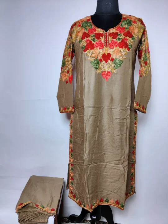 Beige Kurti Set in Rayon Cotton with Front Back Aari Work
