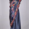 Dark Blue Georgette Saree Guldan from Kashmir in Silk with Aari Work