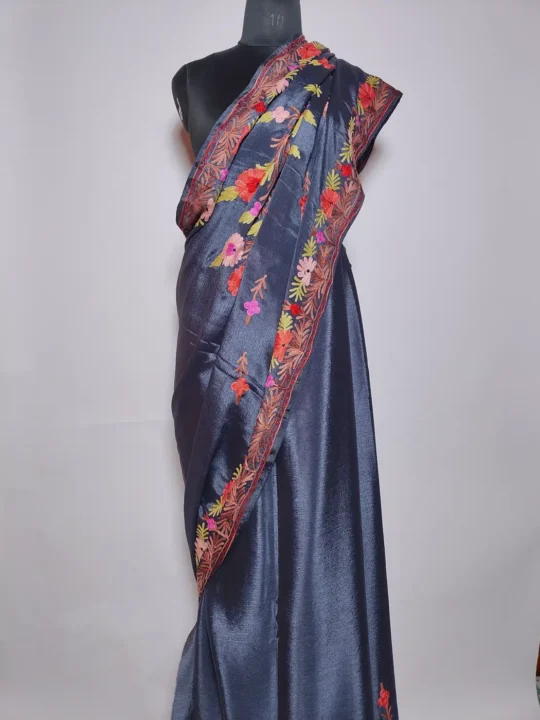 Dark Blue Georgette Saree Guldan from Kashmir in Silk with Aari Work