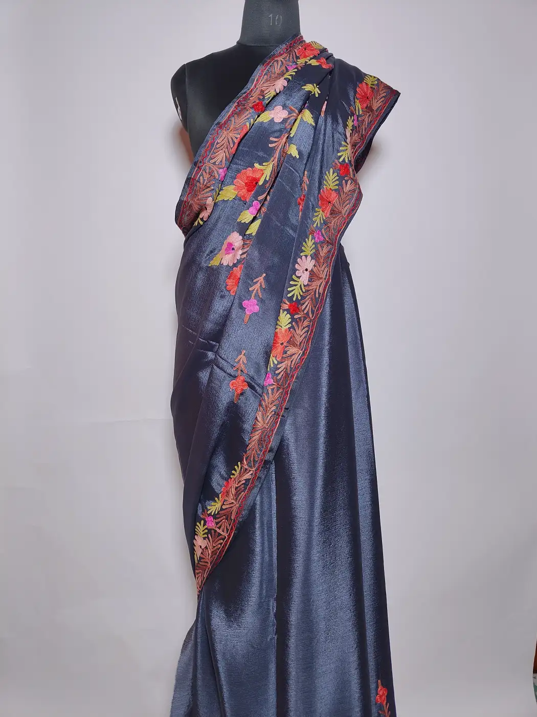 Dark Blue Georgette Saree Guldan from Kashmir in Silk with Aari Work