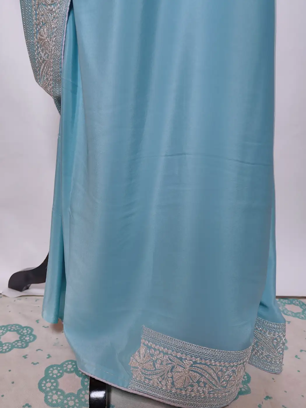 Light Blue Saree in Crepe with Tilla Embroidery - Image 2